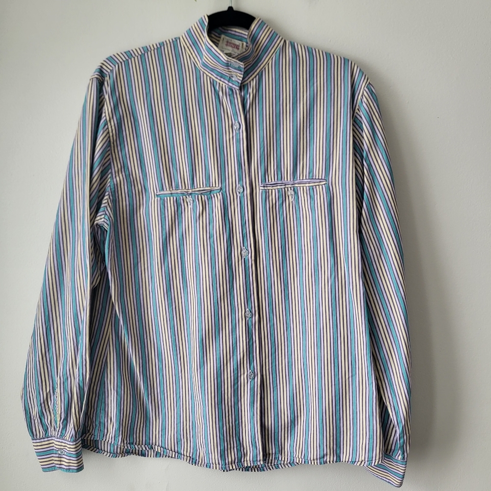 Vintage Sisley Striped Shirt Mock Neck Retro Layering Chic Button Down Shirt